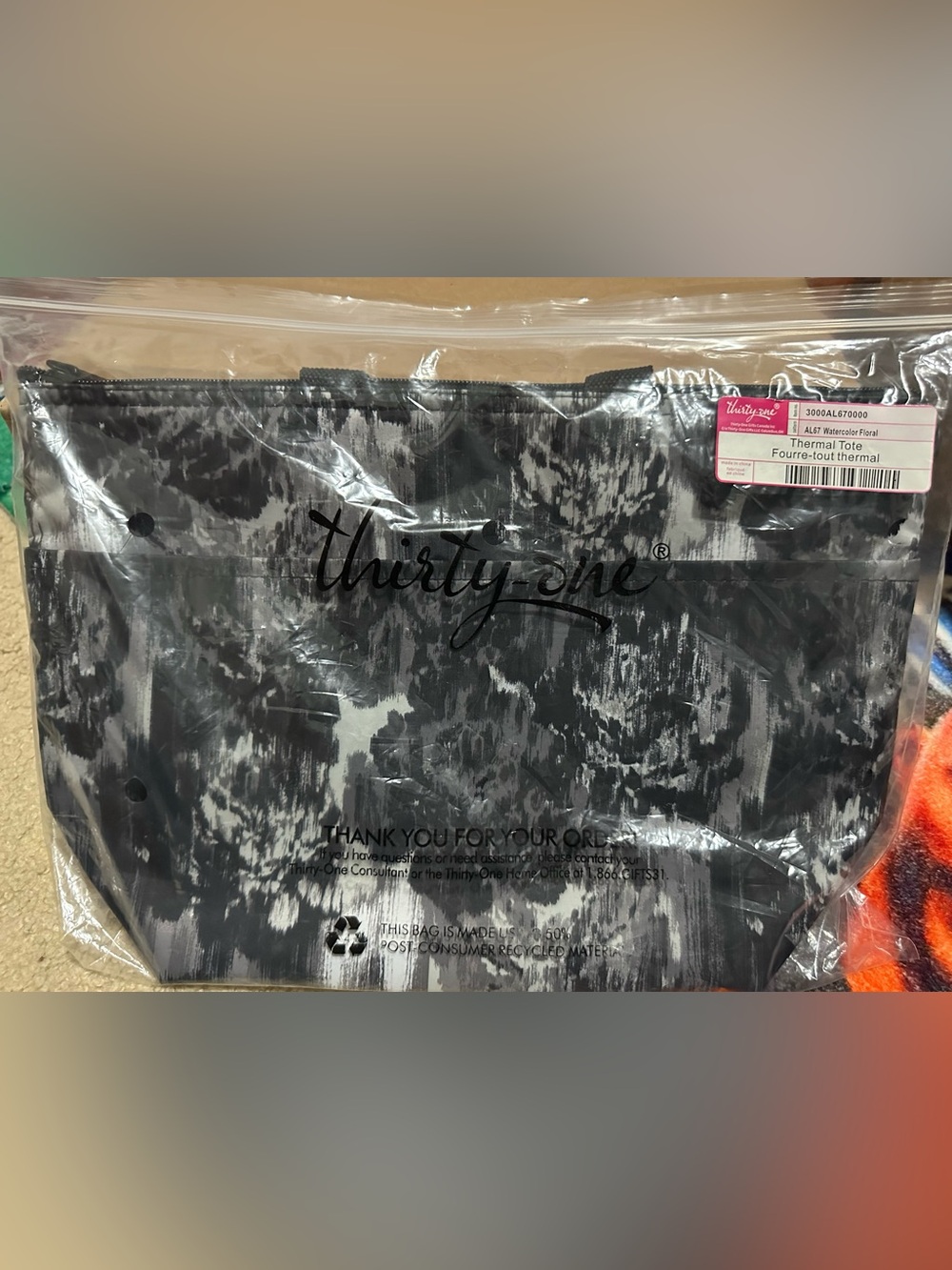 thirty-one Black & Gray Watercolor Floral Thermal Tote